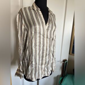 Zara Woman's XS Chain Print Shirt Blouse Long Sleeves button down satin Ivory